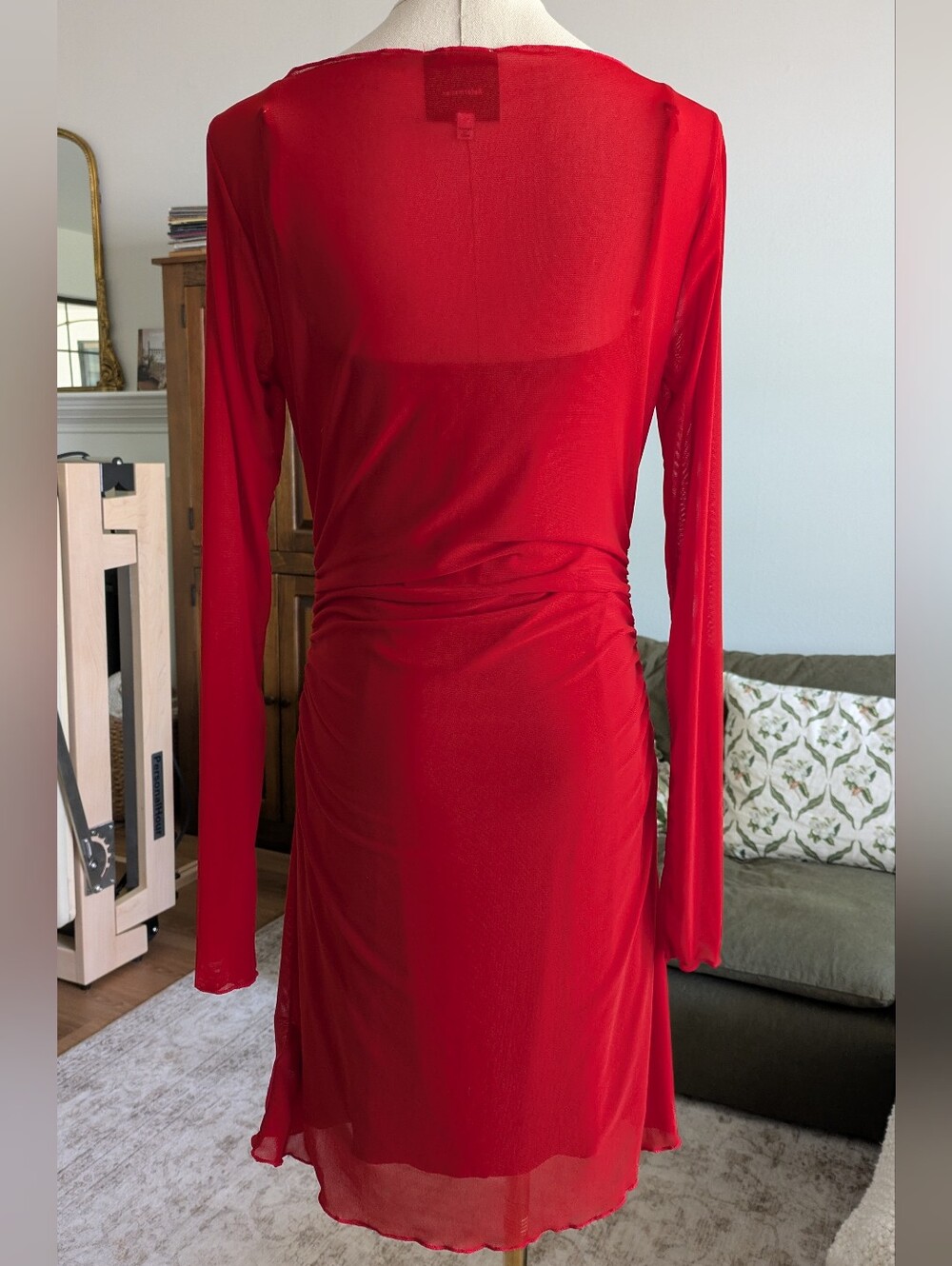 Reformation Reece Mesh Long-Sleeve Ruched Mini Dress - Red - Picture 3 of 6